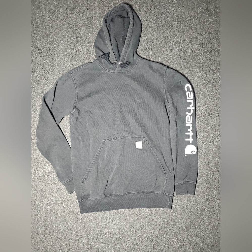 Carhartt Hoodie Sweatshirt Mens S Black Loose Fit Sleeve Logo Pullover Fleece